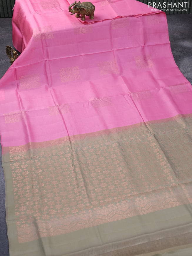Roopam silk saree light pink and grey shade with copper zari woven buttas in borderless style