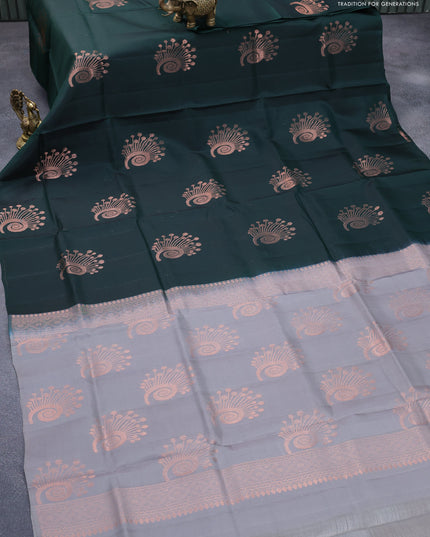 Roopam silk saree bottle green and grey with copper zari woven buttas in borderless style