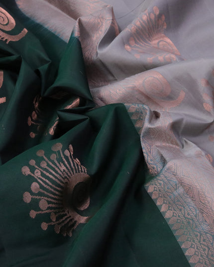 Roopam silk saree bottle green and grey with copper zari woven buttas in borderless style