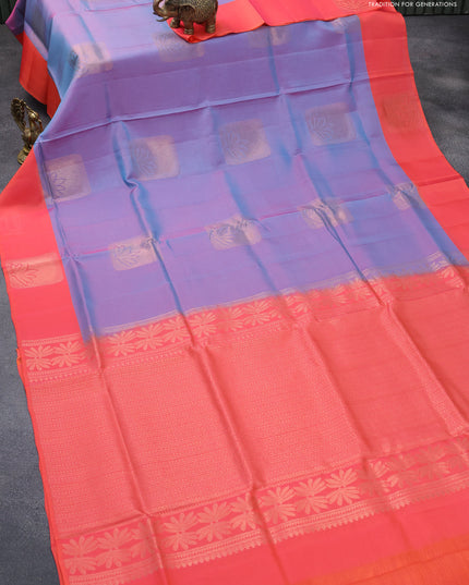 Roopam silk saree dual shade of bluish pink and dual shade of pink with copper zari woven box type buttas and copper zari woven butta border