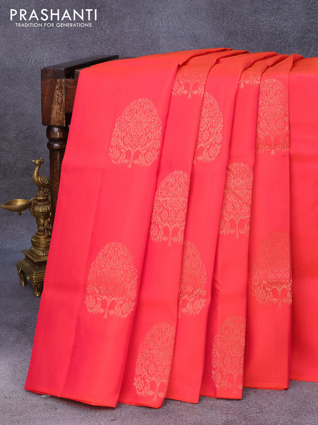 Roopam silk saree dual shade of reddish pink and peacock green with copper zari woven buttas in borderless style