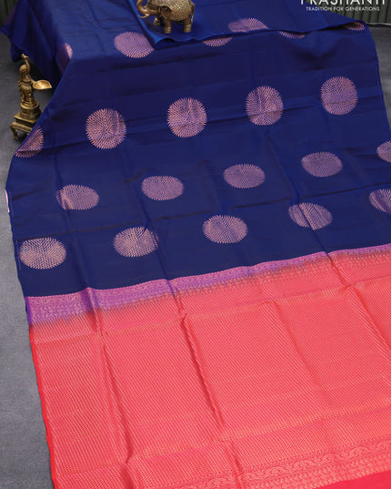 Roopam silk saree blue and dual shade of pinkish orange with copper zari woven buttas in borderless style