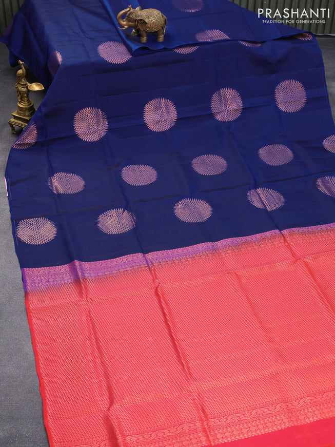 Roopam silk saree blue and dual shade of pinkish orange with copper zari woven buttas in borderless style