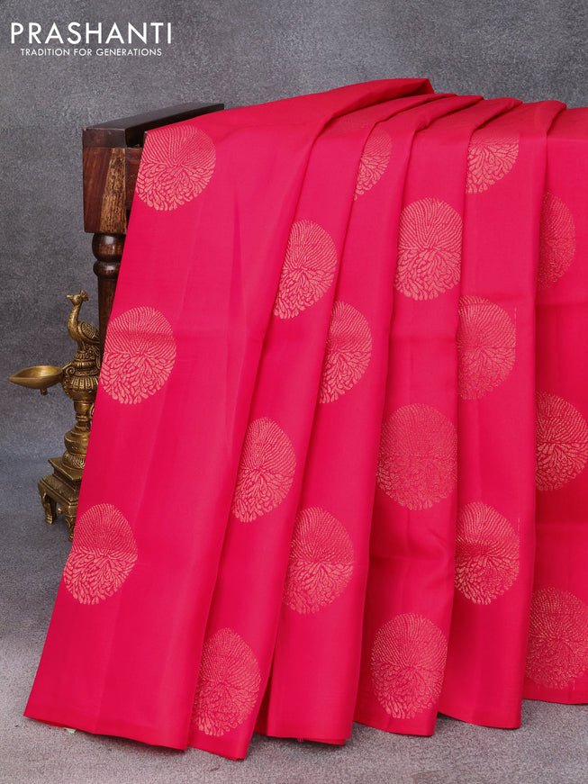 Roopam silk saree pink and blue with copper zari woven buttas in borderless style