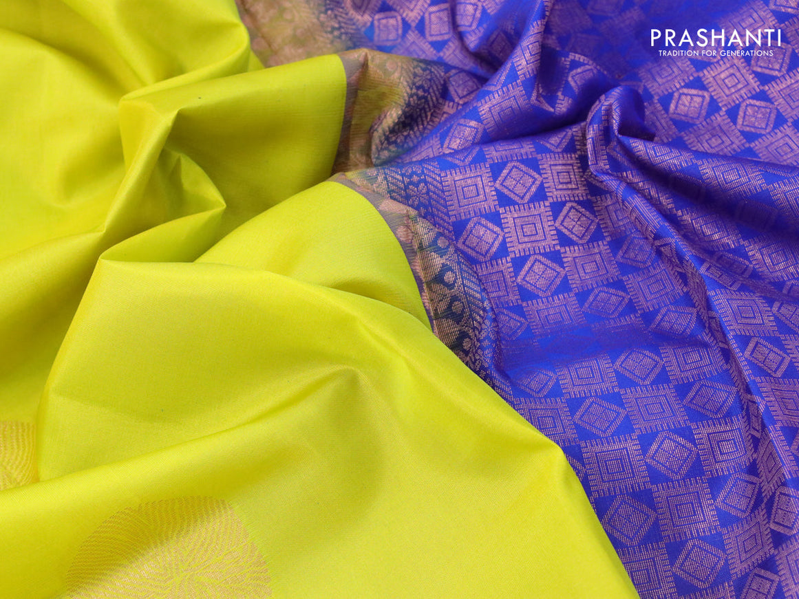 Roopam silk saree lime yellow and blue with copper zari woven buttas in borderless style