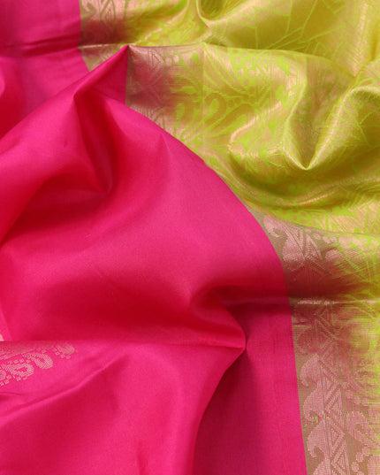 Roopam silk saree pink and lime green with copper zari woven buttas in borderless style