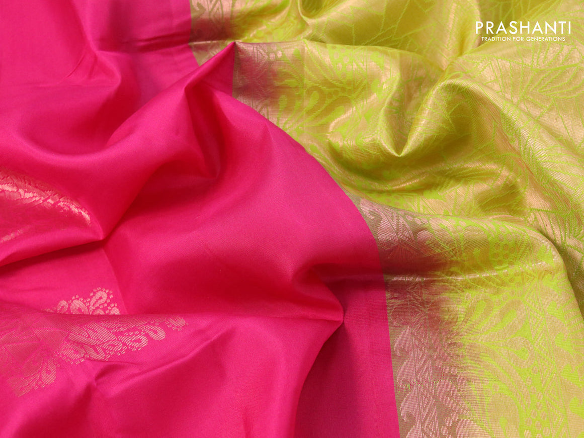 Roopam silk saree pink and lime green with copper zari woven buttas in borderless style