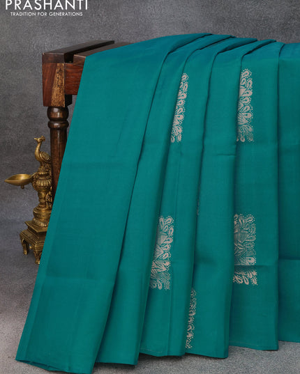 Roopam silk saree peacock green and lime green with copper zari woven buttas in borderless style