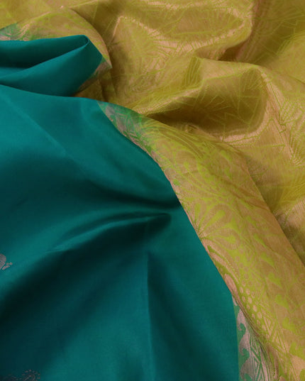 Roopam silk saree peacock green and lime green with copper zari woven buttas in borderless style