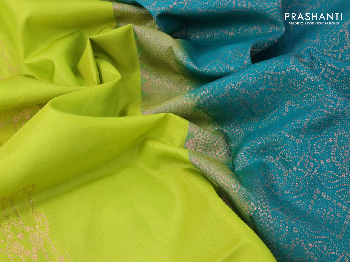 Roopam silk saree lime green and peacock green with copper zari woven buttas in borderless style