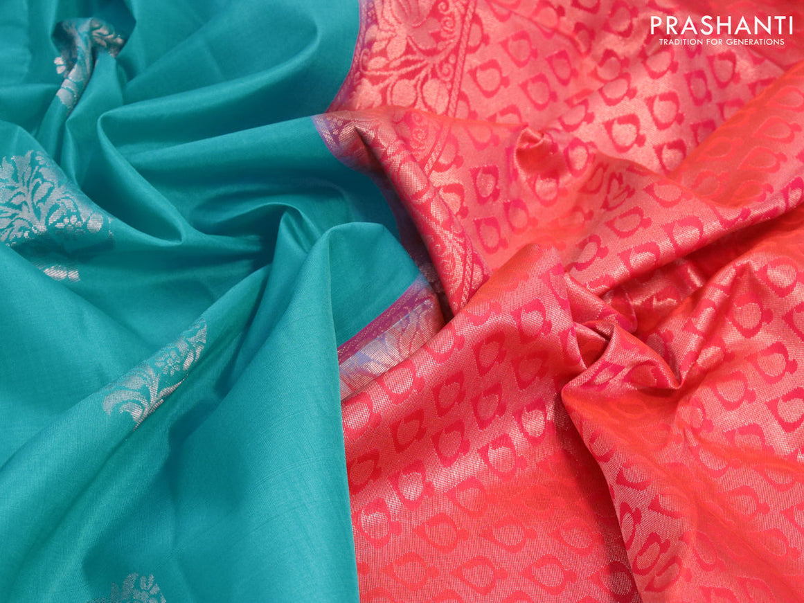 Roopam silk saree teal blue and dual shade of pink with copper zari woven floral buttas in borderless style