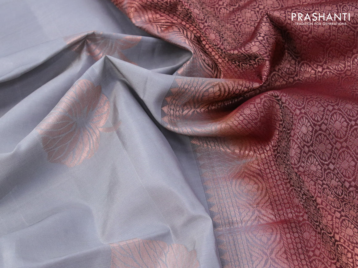 Roopam silk saree grey and deep maroon with copper zari woven leaf buttas in borderless style