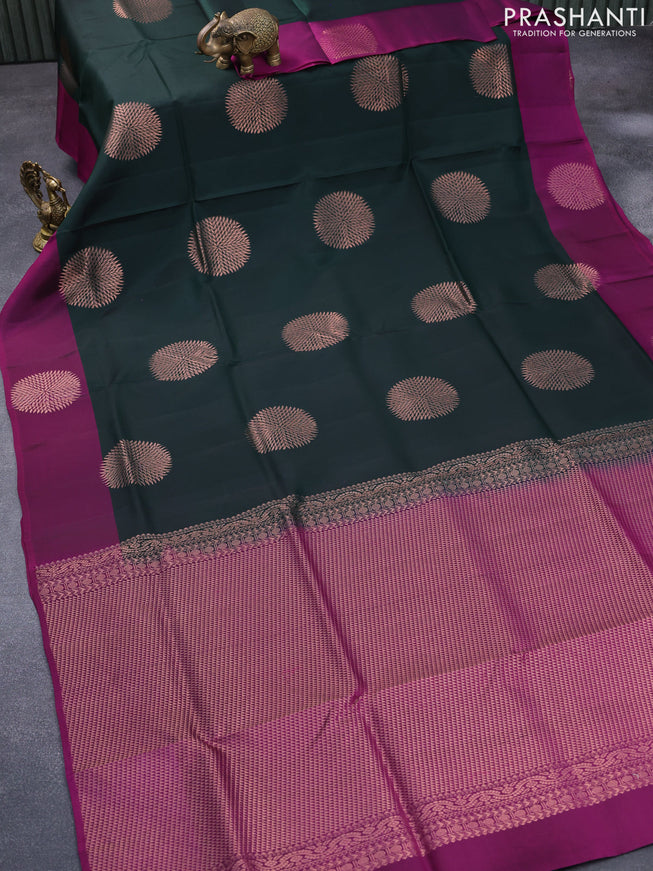 Roopam silk saree bottle green and purple with copper zari woven buttas and copper zari woven butta border
