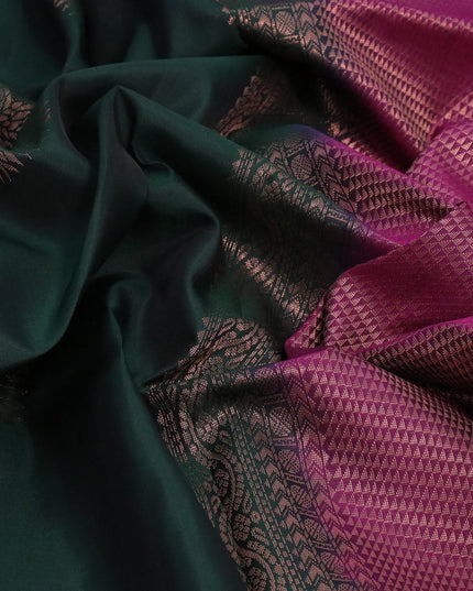 Roopam silk saree bottle green and purple with copper zari woven buttas and copper zari woven butta border