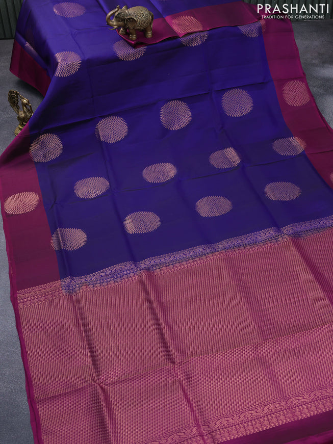 Roopam silk saree blue and purple with copper zari woven buttas in borderless style