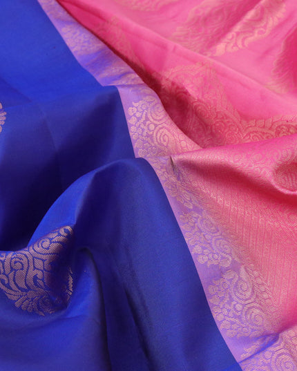 Roopam silk saree blue and pink with copper zari woven buttas in borderless style