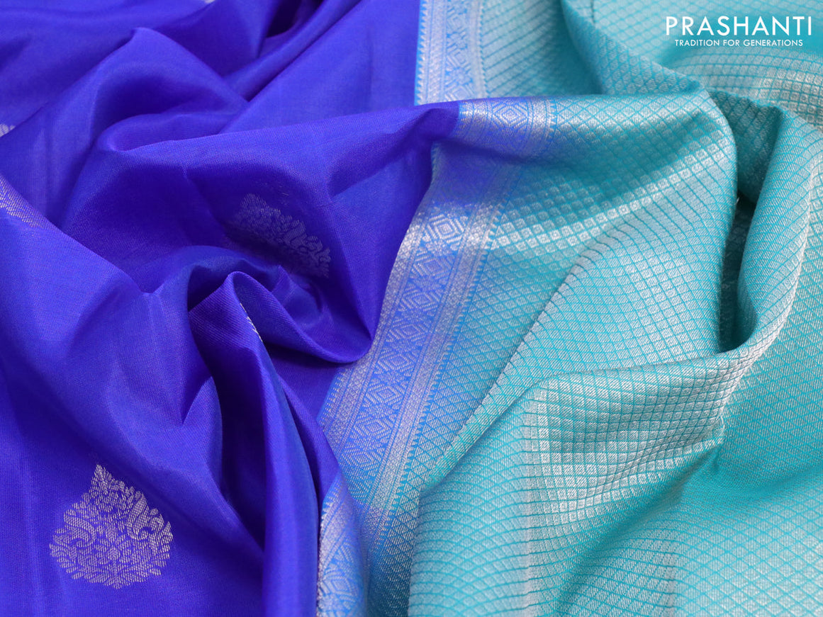 Roopam silk saree royal blue and teal blue with silver zari woven buttas and rich silver zari woven border