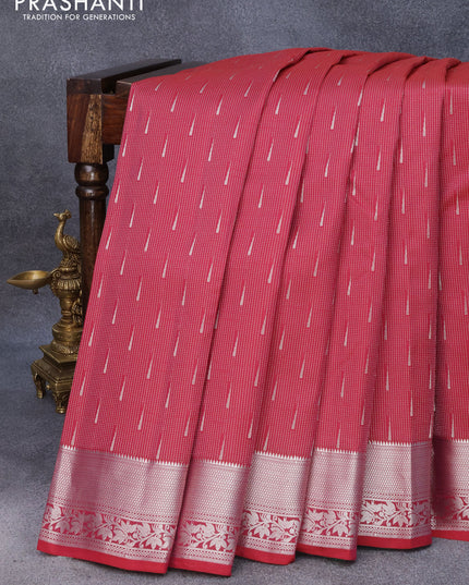 Roopam silk saree dark magenta pink and bottle green with allover silver zari weaves & buttas and rich silver zari woven border