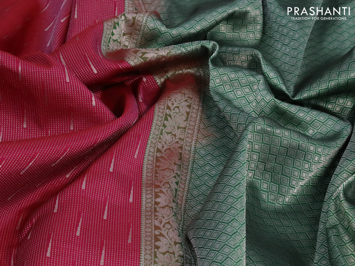 Roopam silk saree dark magenta pink and bottle green with allover silver zari weaves & buttas and rich silver zari woven border