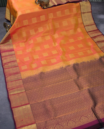 Roopam silk saree dual shade of mango yellow and wine shade with zari woven box type buttas and zari woven border