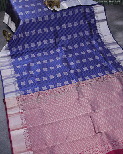 Roopam silk saree dark blue with allover silver zari stripes & buttas and silver zari woven border