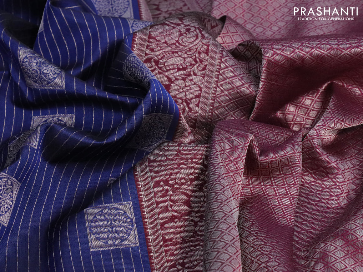Roopam silk saree dark blue with allover silver zari stripes & buttas and silver zari woven border