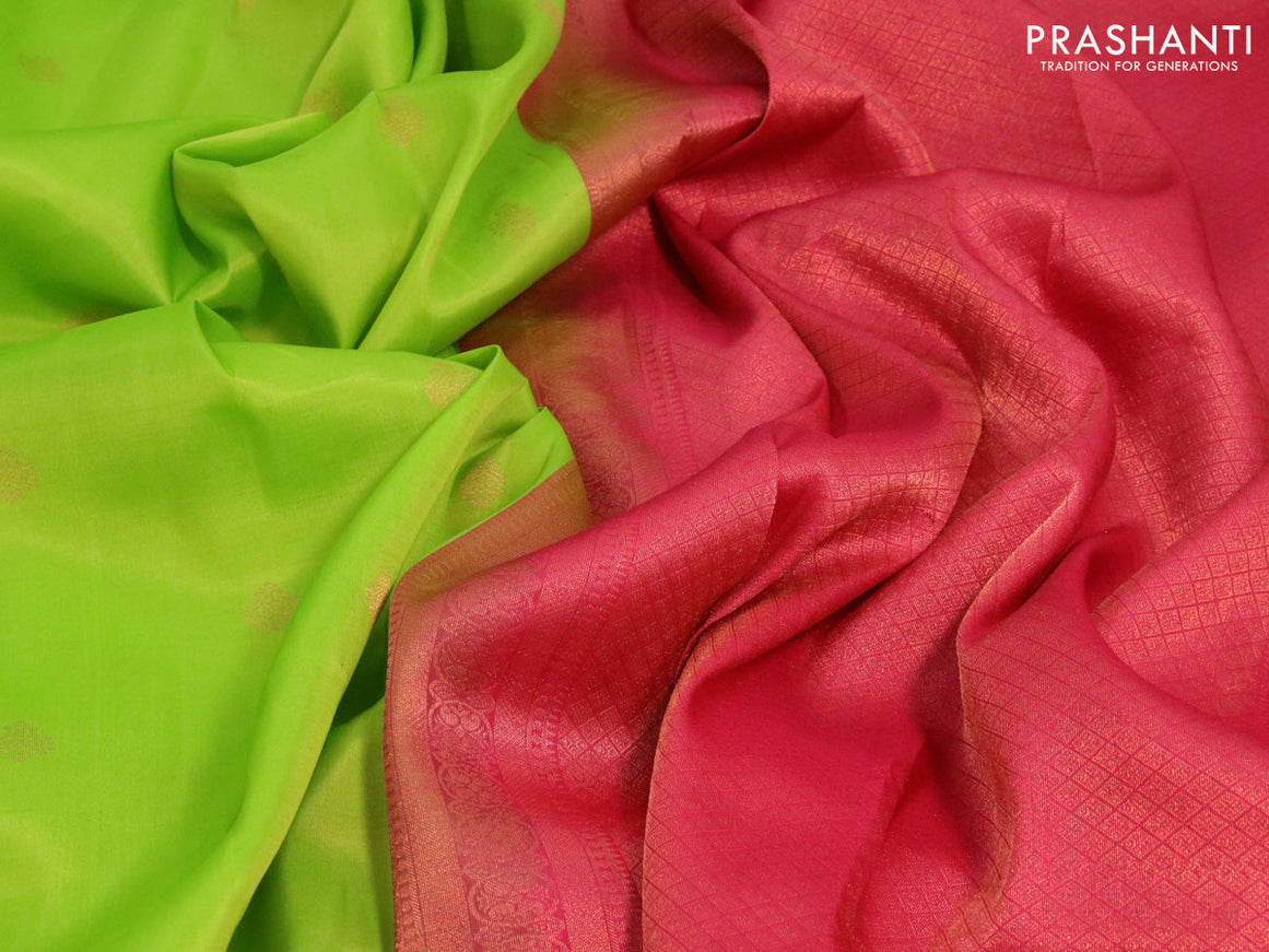 Roopam silk saree parrot green and pink with copper zari woven buttas and annam copper zari woven border