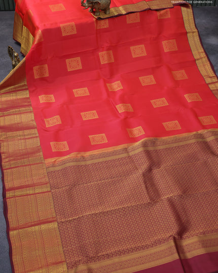 Roopam silk saree dual shade of reddish orange and maroon with zari woven box type buttas and long zari woven border