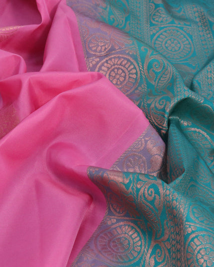 Roopam silk saree pink and teal green with copper zari woven buttas in borderless style