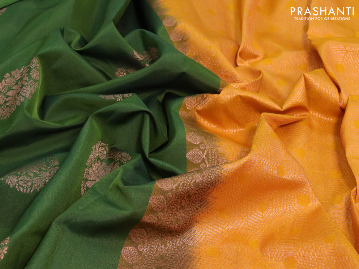 Roopam silk saree mehendi green and dark mustard with copper zari woven floral buttas in borderless style
