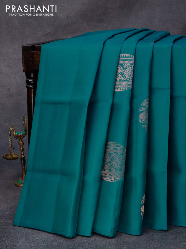 Roopam silk saree peacock green and grey with copper zari woven buttas in borderless style