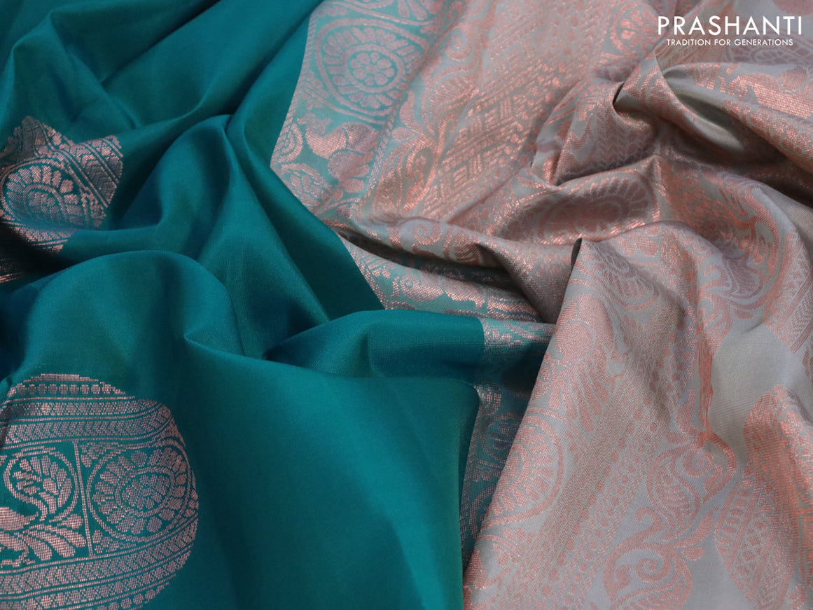 Roopam silk saree peacock green and grey with copper zari woven buttas in borderless style