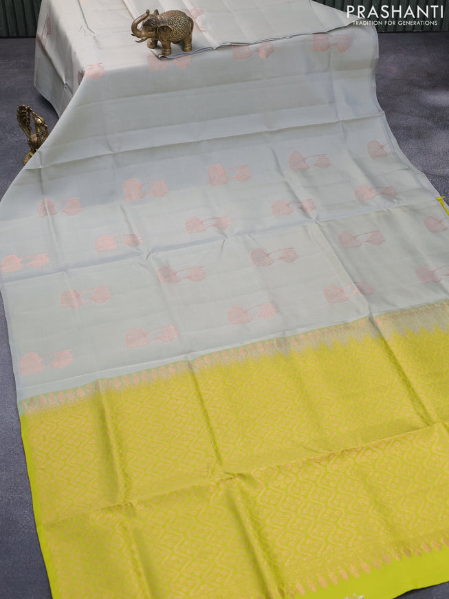 Roopam silk saree grey and lime green with copper zari woven leaf buttas in borderless style