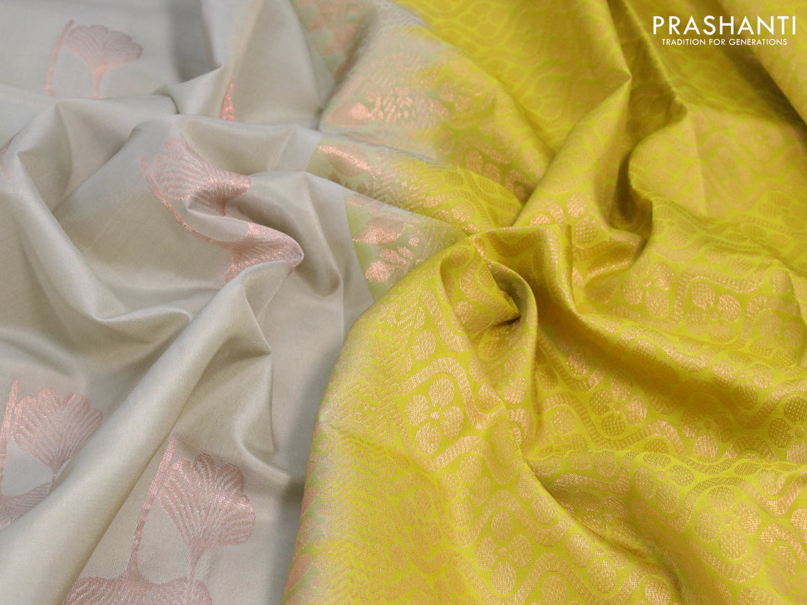 Roopam silk saree grey and lime green with copper zari woven leaf buttas in borderless style