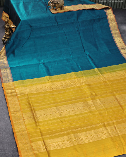 10 yards silk cotton saree peacock blue and mustard yellow with plain body and zari woven border without blouse