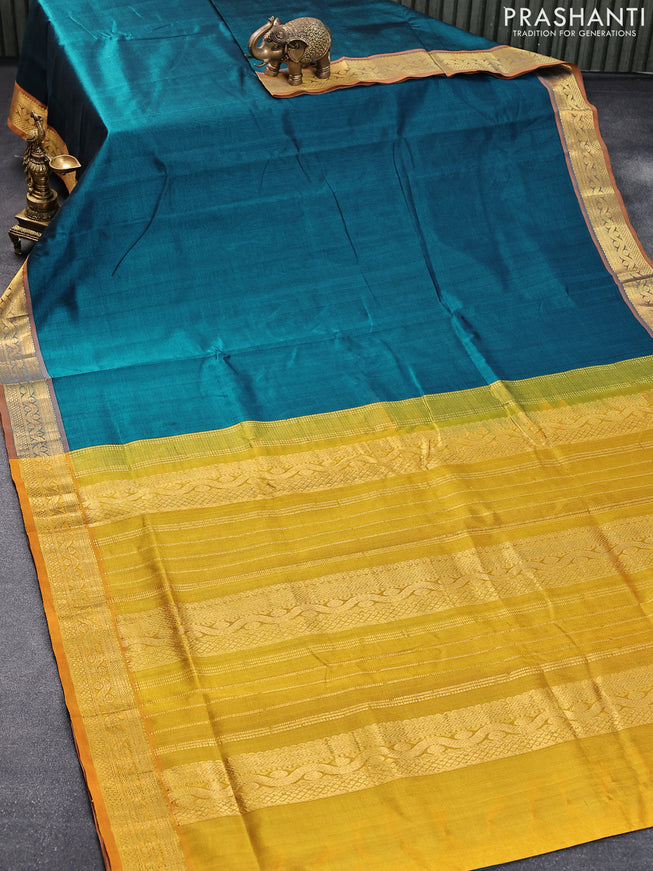 10 yards silk cotton saree peacock blue and mustard yellow with plain body and zari woven border without blouse