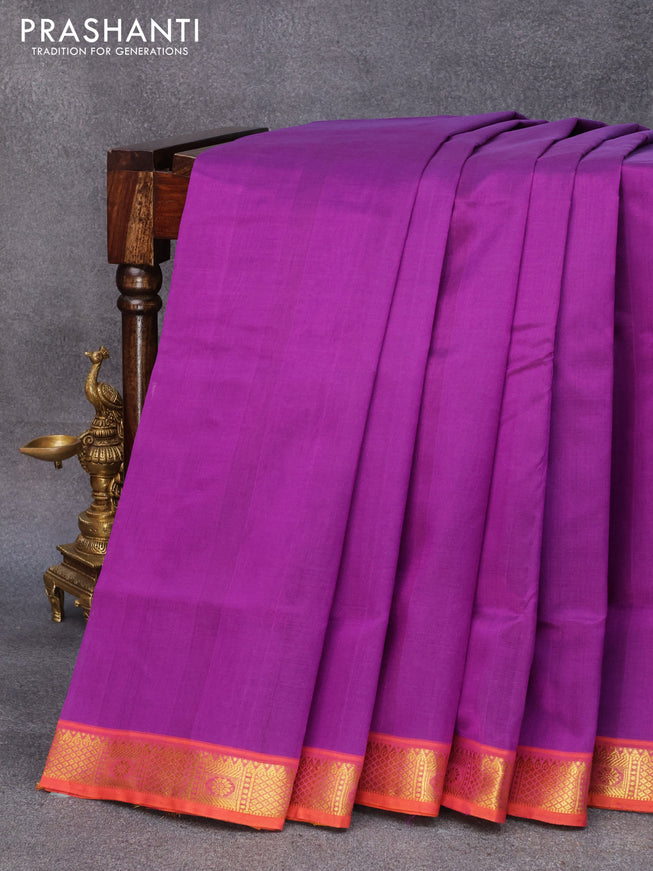 10 yards silk cotton saree purple and mustard yellow with plain body and zari woven border without blouse