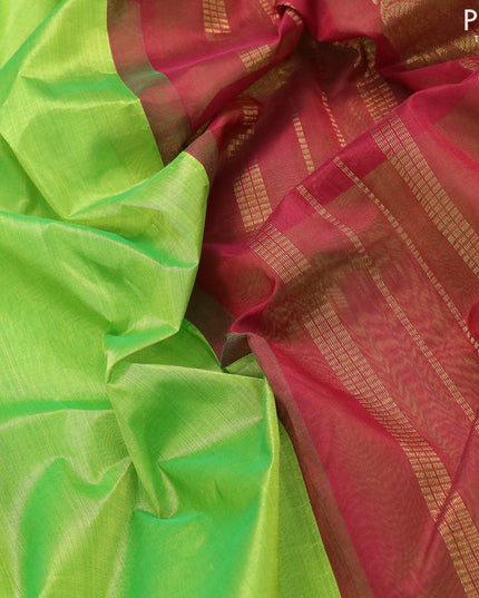 10 yards silk cotton saree light green and maroon with plain body and floral zari woven border without blouse