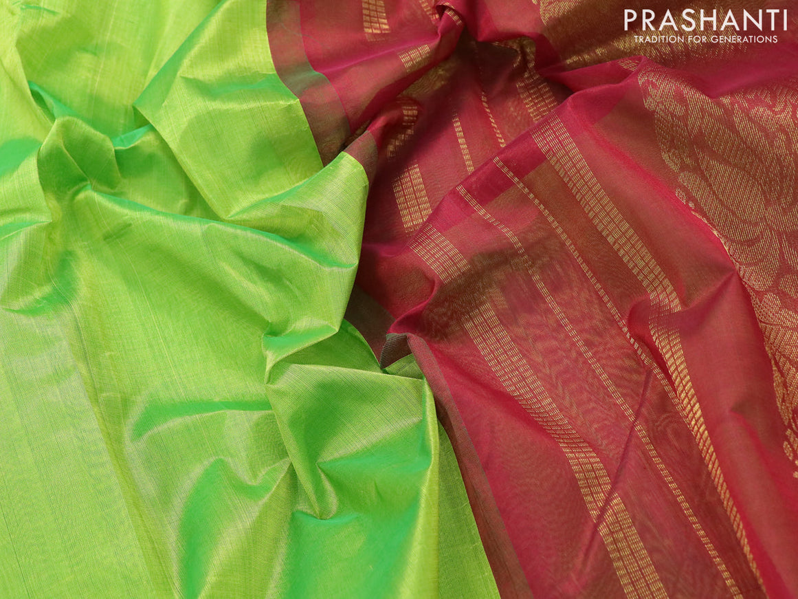 10 yards silk cotton saree light green and maroon with plain body and floral zari woven border without blouse