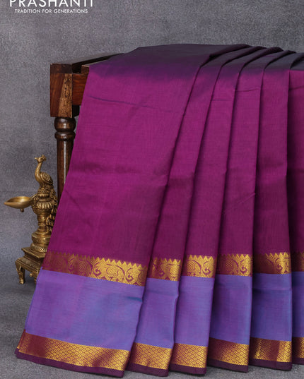 10 yards silk cotton saree purple and blue with plain body and long rettapet zari woven border without blouse