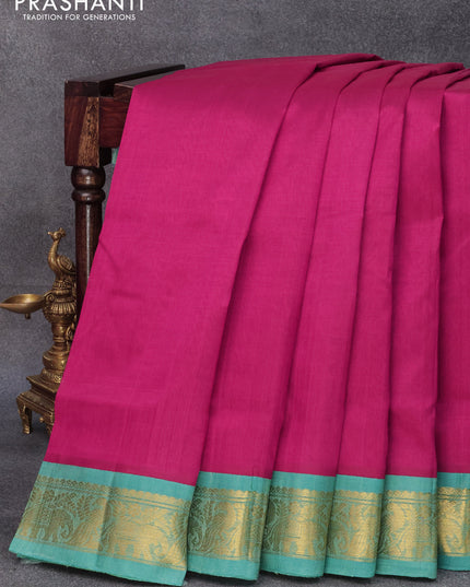 10 yards silk cotton saree magenta pink and teal blue with plain body and elephant & peacock zari woven border without blouse