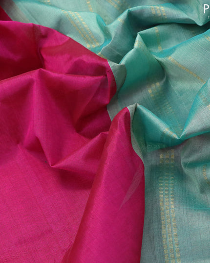 10 yards silk cotton saree magenta pink and teal blue with plain body and elephant & peacock zari woven border without blouse