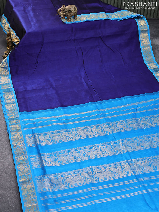 10 yards silk cotton saree blue and cs blue with plain body and elephant & peacock zari woven border without blouse