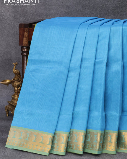 10 yards silk cotton saree light blue and light green with plain body and paisley zari woven border without blouse