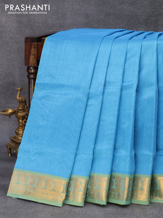 10 yards silk cotton saree light blue and light green with plain body and paisley zari woven border without blouse