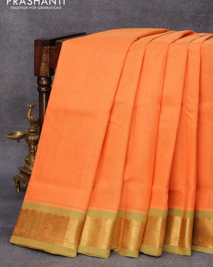10 yards silk cotton saree orange and light green with plain body and zari woven border without blouse
