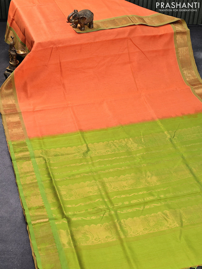 10 yards silk cotton saree orange and light green with plain body and zari woven border without blouse