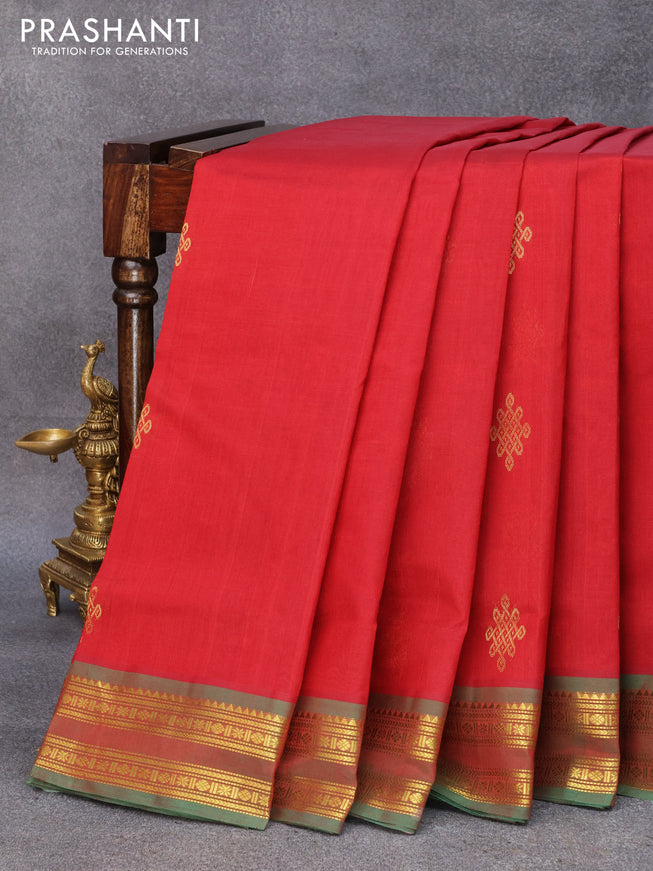 10 yards silk cotton saree maroon and green with zari woven buttas and rettapet zari woven border without blouse