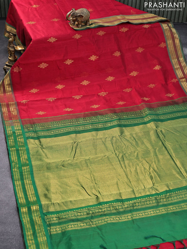 10 yards silk cotton saree maroon and green with zari woven buttas and rettapet zari woven border without blouse