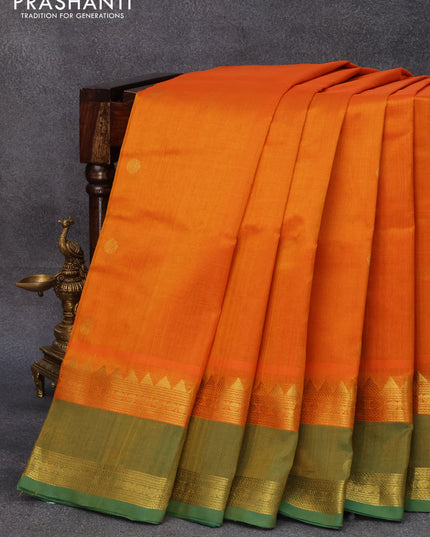 10 yards silk cotton saree dual shade of mango yellow and bottle green with annam & rudhraksha zari woven buttas and rettapet zari woven butta border without blouse